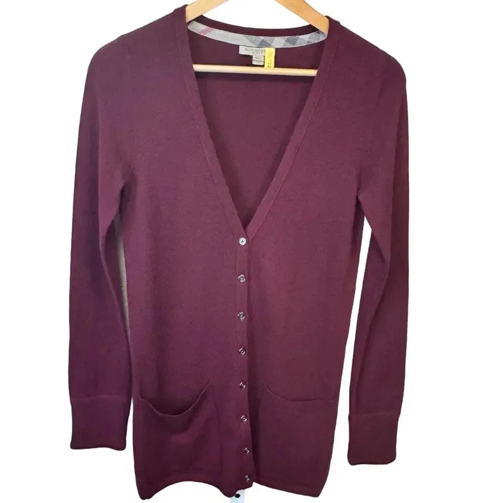 Burberry Brit 100% Cashmere Purple Wine Cardigan Sweater Front Pockets Womens XS